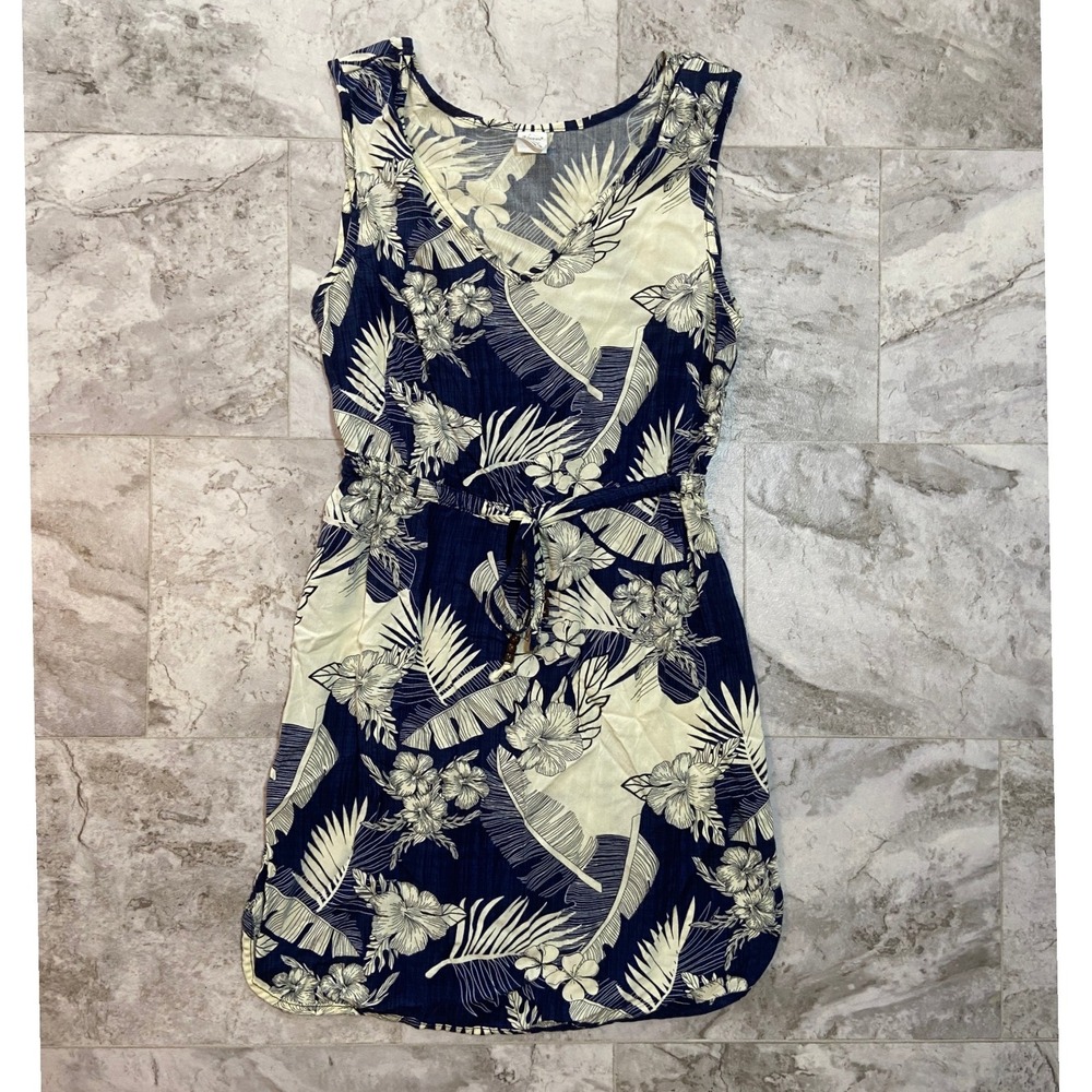 Palmwave Hawaii Women's Navy Floral Palm Rayon Mini Dress Drawstring Sz Small